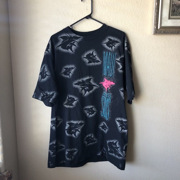 Vintage 90s Maui and Sons Surf Surfing Shark All Over Print T-Shirt Mens Size XL - Picture 1 of 4